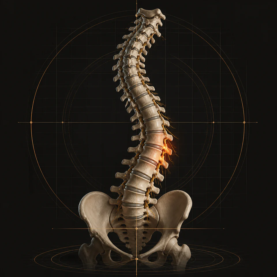 Technical illustration of adult scoliosis alignment and focal nerve compression