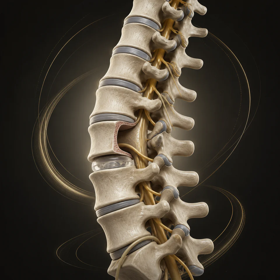 Technical illustration of motion-preserving spinal decompression and reconstruction