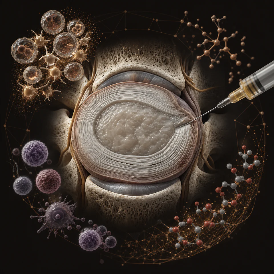 Technical illustration of PRP, cellular, and investigational peptide pathways around an intervertebral disc