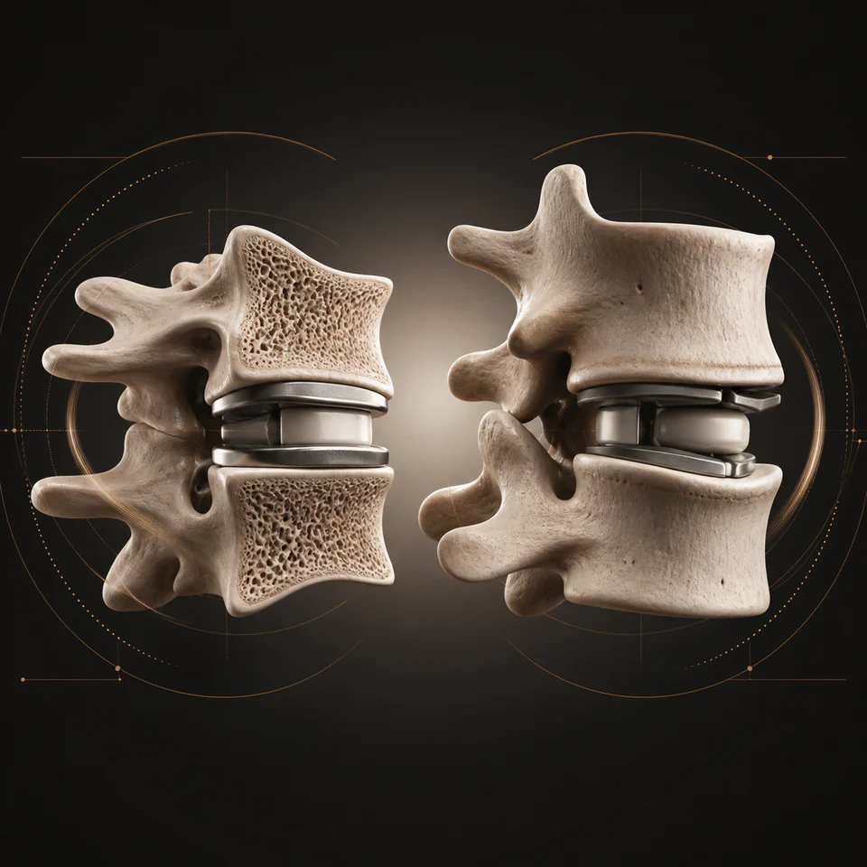 Technical illustration of cervical and lumbar artificial disc replacement