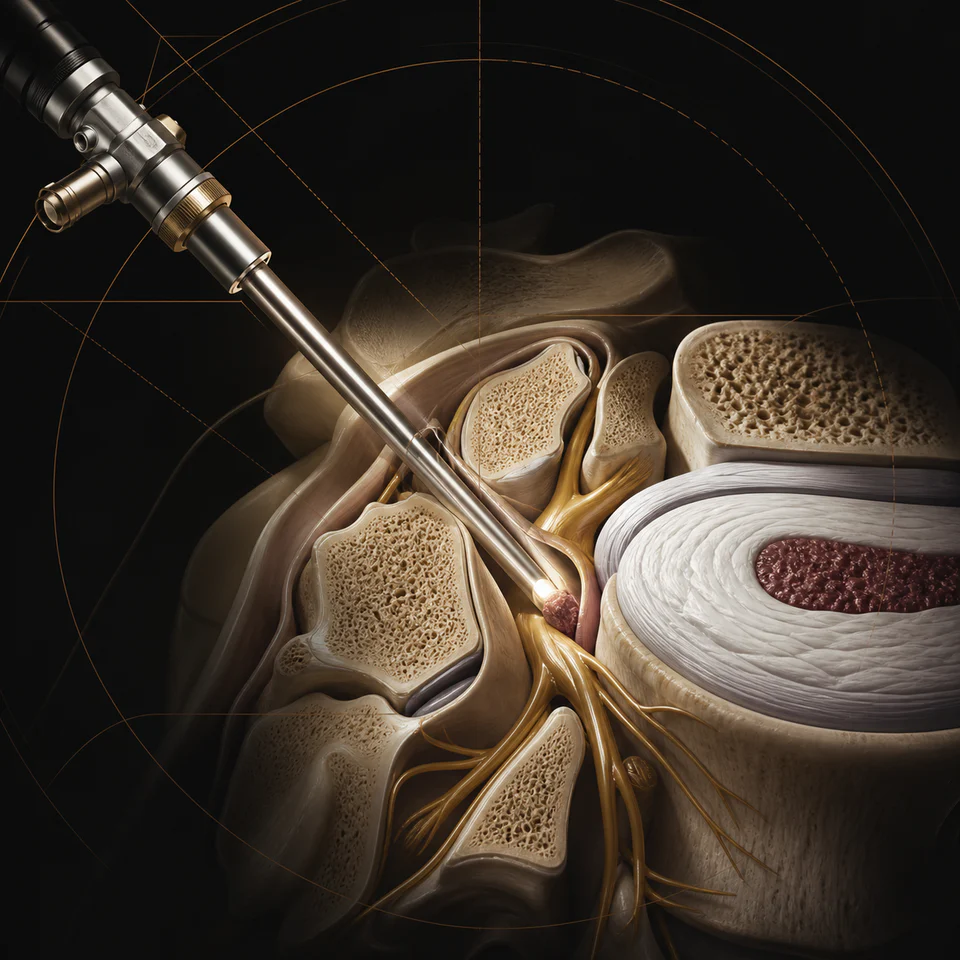 Technical illustration of a focused endoscopic corridor to foraminal disc material