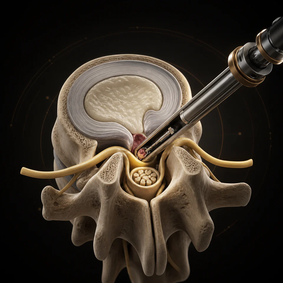 Technical illustration of focused MicroAccess removal of herniated disc material