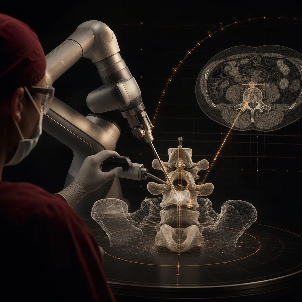 Technical illustration of robotic guidance and CT-based spine navigation