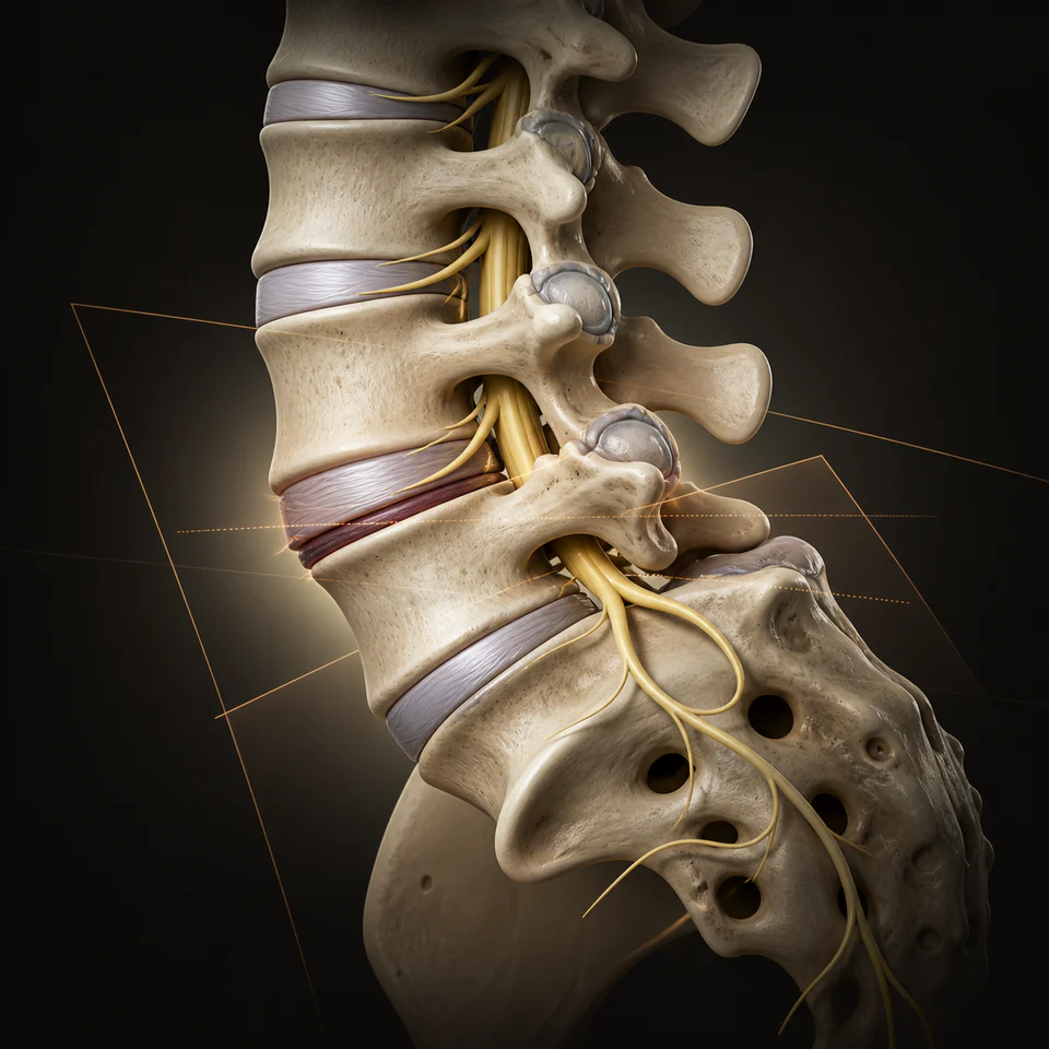 Technical illustration of lumbar spondylolisthesis and the affected nerve structures