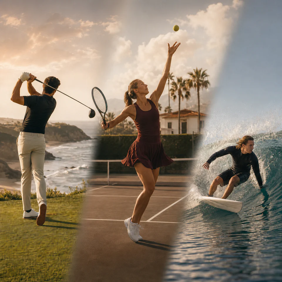 Collage of adults teeing off in golf, serving in tennis, and surfing